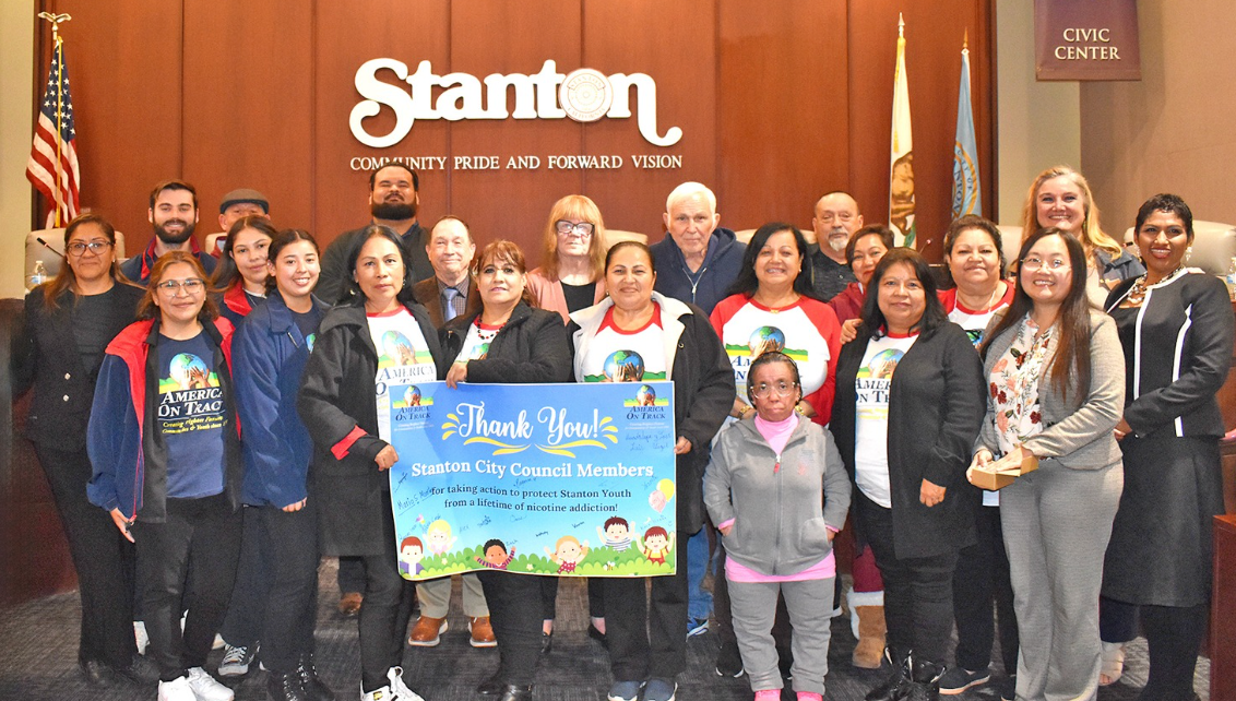 America On Track team and Stanton City Council members celebrating youth tobacco prevention efforts